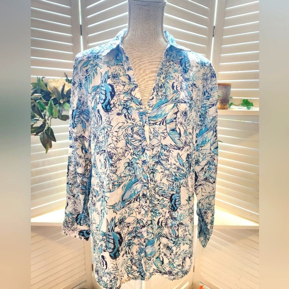 TAHARI 100% LINEN FLORAL BUTTON DOWN SIZE MED